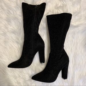 Black glitter sparkle sock booties heels